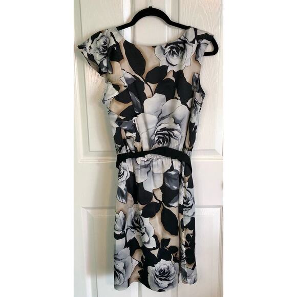 White House Black Market Women's 4 Silk Floral Dress w/ Belt Black Cream Gray - Picture 6 of 6